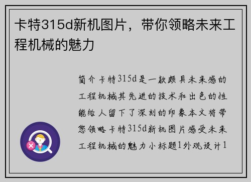 卡特315d新机图片，带你领略未来工程机械的魅力