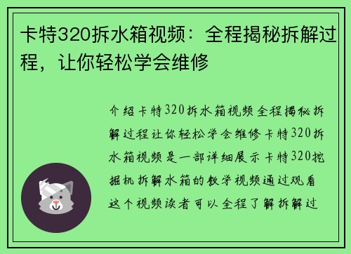 卡特320拆水箱视频：全程揭秘拆解过程，让你轻松学会维修